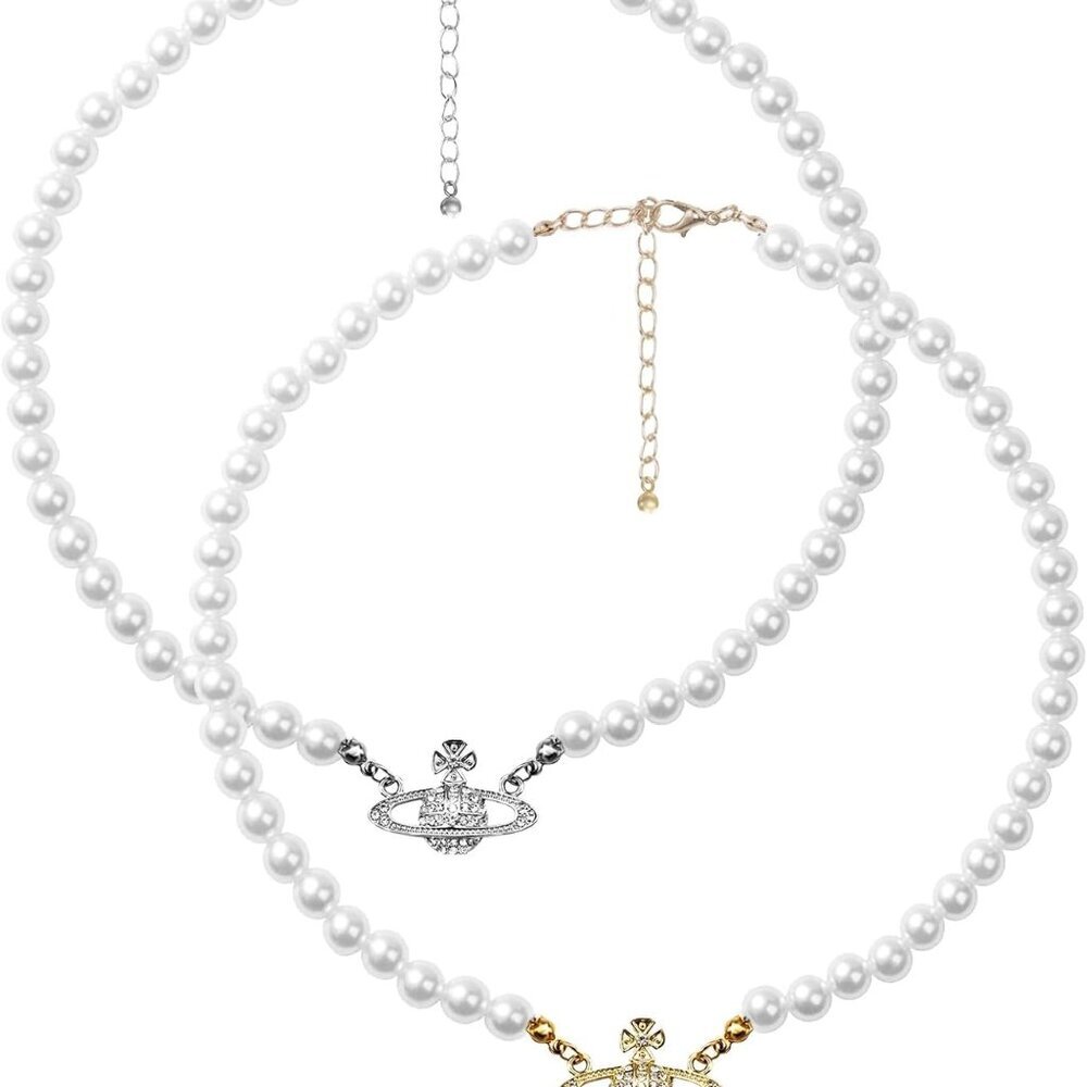 2PCS Pearl Necklace Set, Artificial Pearl Necklace, Pearl Choker Necklace Charm